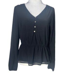 White House Black Market Long Sleeve V-Neck Pullover Black Top Small